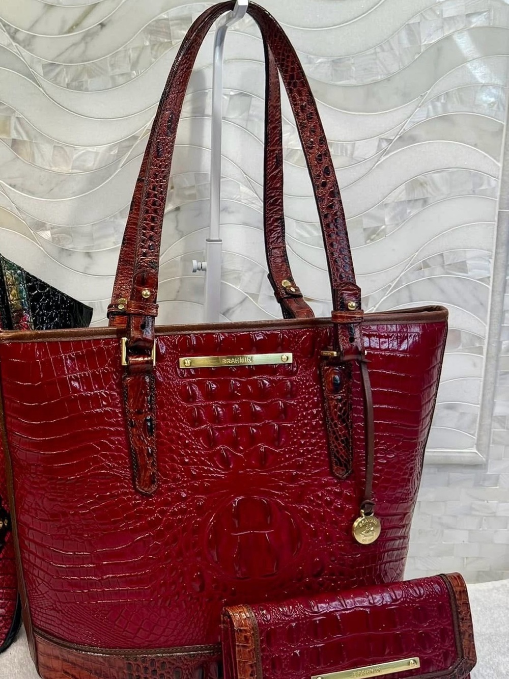 Brahmin Deep Red Croc-Embossed Leather Tote with Matching Wallet